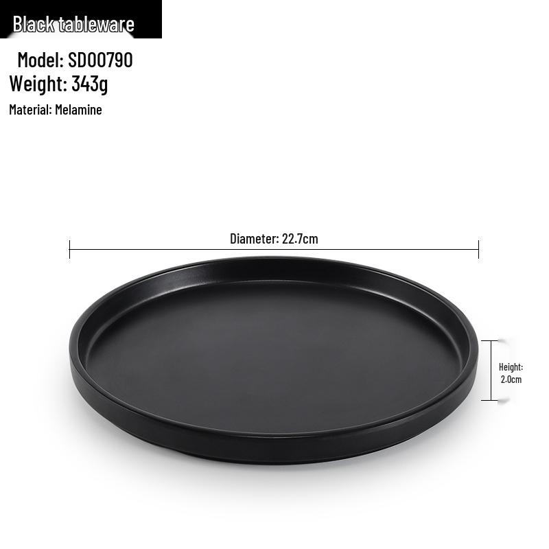 Melamine Black Round Plate for Pasta, Steak, Hot Pot, BBQ, and Tableware
