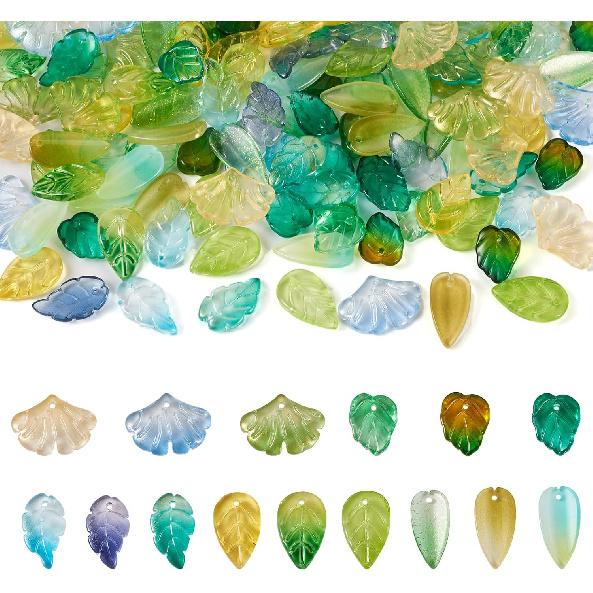 Pandahall 150Pcs Green Leaf Beads Transparent Glass Crystal Tree Leaves Pendants Tiny Green Leaf Bead Caps for DIY Spring Craft Earring Bracelet