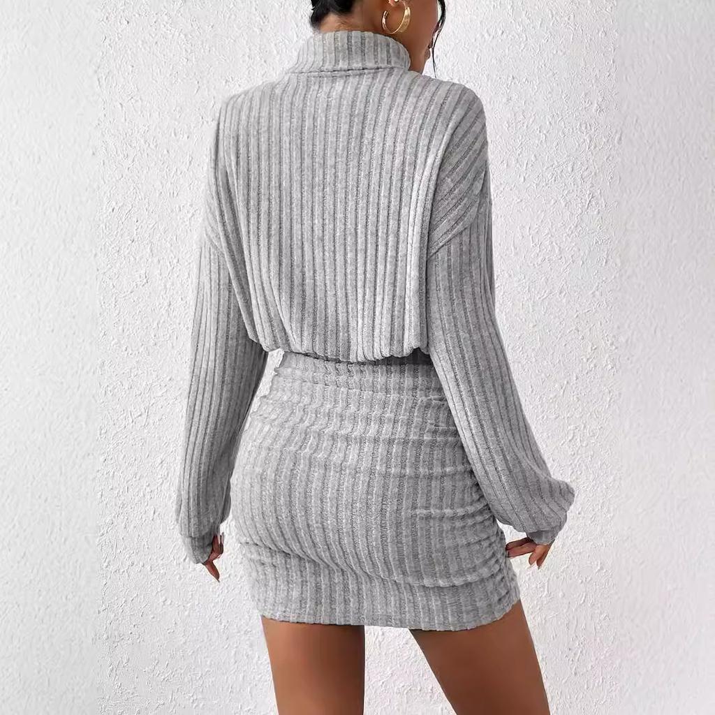 Women's Turtleneck Long Sleeve Mini Dress Bodycon Fit Mid Waist Elegant Solid Ribbed Knit Sweater Dress For Autumn Daily Wear