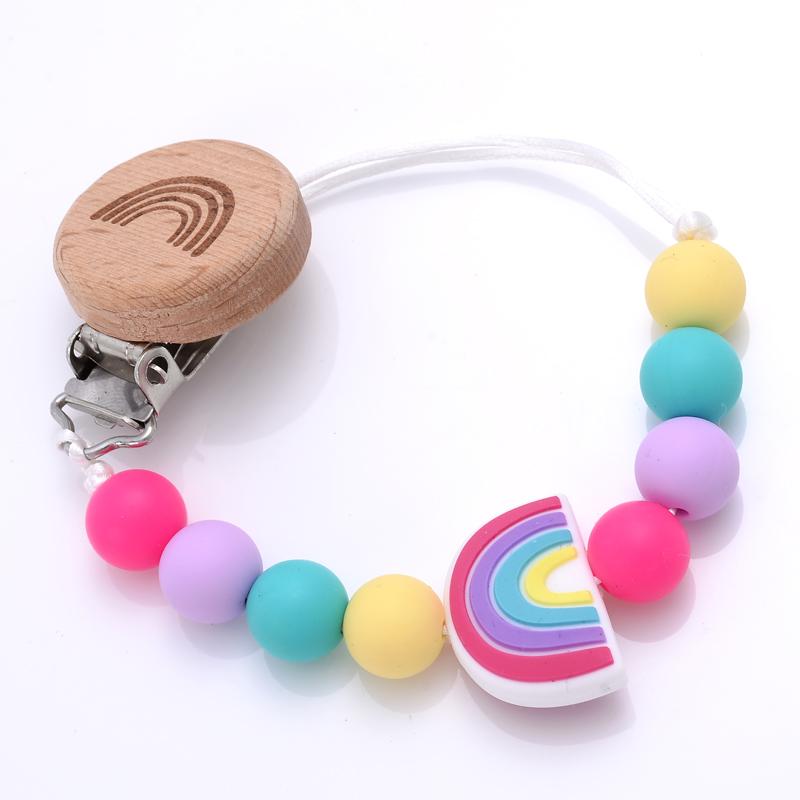New Baby Pacifier Clips Round Beech Clips Silicone Rainbow Beads for Dummy Nipple Holder Soother Chain Teether Toy