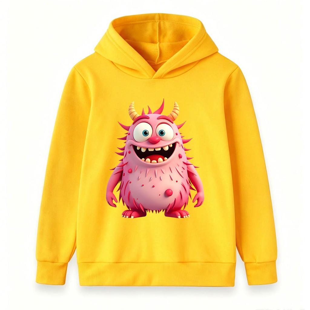 Kids Pink Fuzzy Monster Print Pullover Hoodie, Unisex Boys Girls Cute Cartoon Horned Monster Long Sleeve Casual Warm Hooded Sweatshirt for Daily Wear