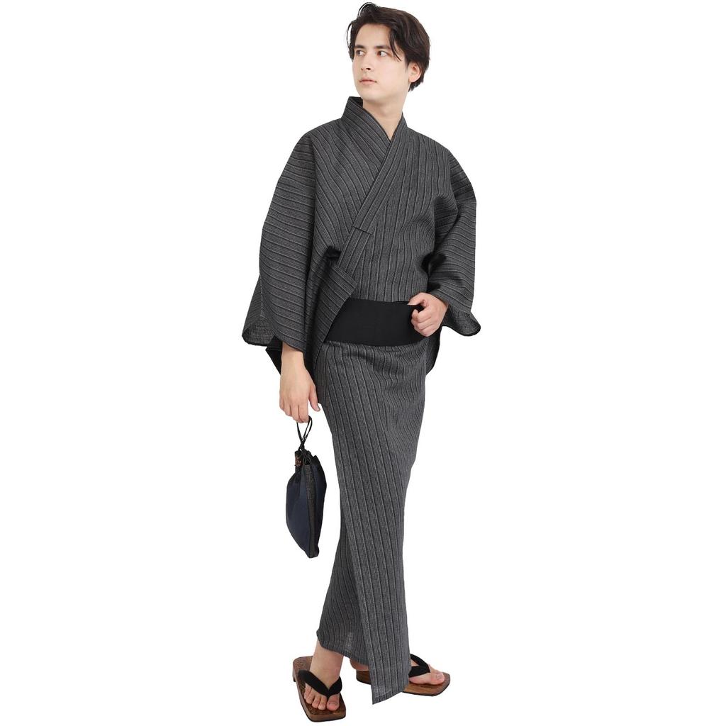 Fuuka Yukata Set with Obi and Waist Easy Velcro Cotton and Size with Katataki Stripes Square Waist WN13S Men's 3-Piece Cord, Closure, Linen, Small,