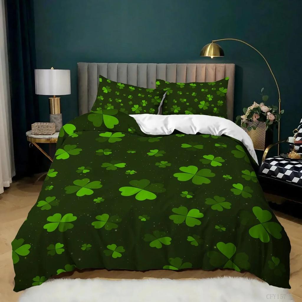 Topp Lyckobringande Gröna Löv Kung Drottning Påslakan Fyrklöver Sängklädesset För Irisk Kultur Mjukt Polyester Täcke