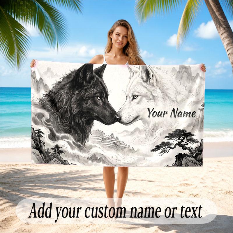Wolf Theme Beach Towel Personalized Custom Name & Text Soft Quick Dry Beach Towel for Swimming Travel