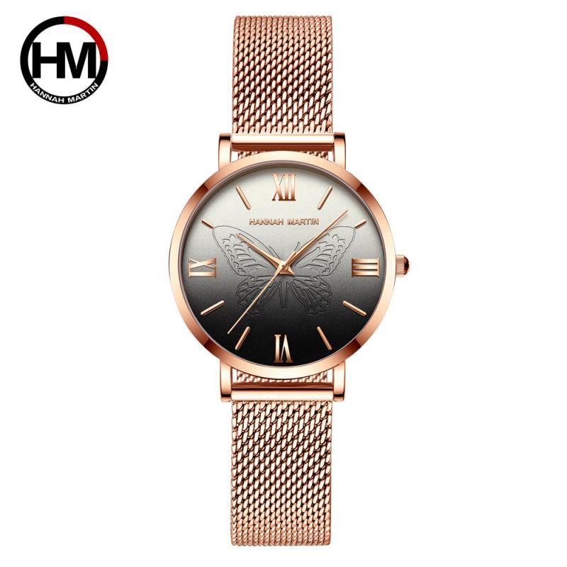 Hannah Martin Butterfly Design Women's Fashion Brand Watch Japanese Miyota Movement Stainless Steel Quartz Wristwatch