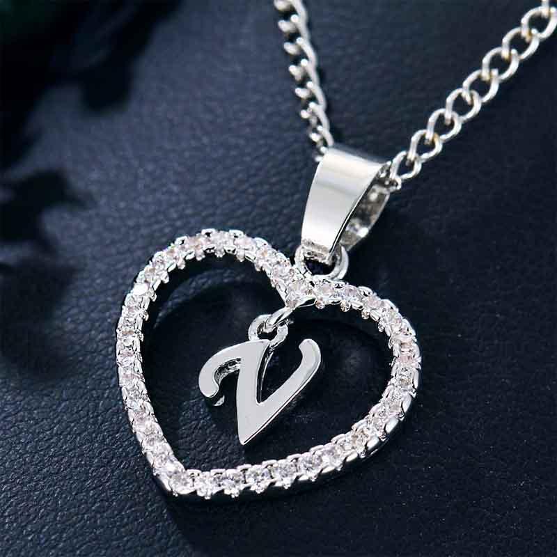 Heart Letters 26 Love Crystal Women Silver Plated Chain Jewelry Necklace