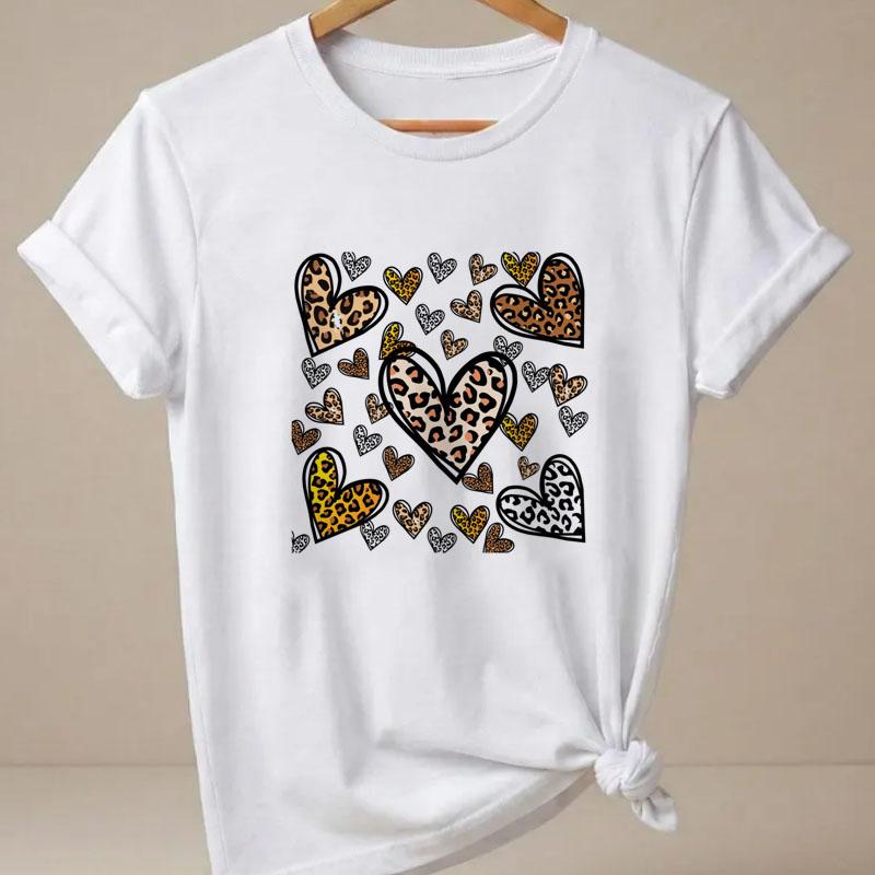 Valentines Day Leopard Heart Tshirt Unisex Casual Short Sleeve Round Neck T Shirt Fashion Printed Tshirt Unisex Clothing