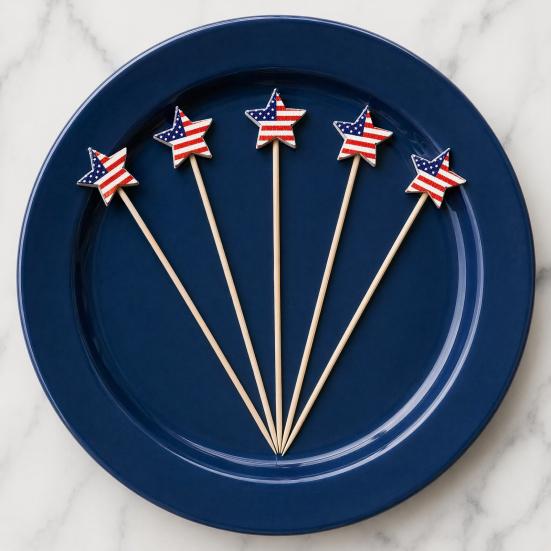 100 PIEZAS Palillos Desechables para Cócteles, Decoración de Estrella del Día de la Independencia, Brochetas de Bambú para Aperitivos Frutas Hamburguesas Pasteles