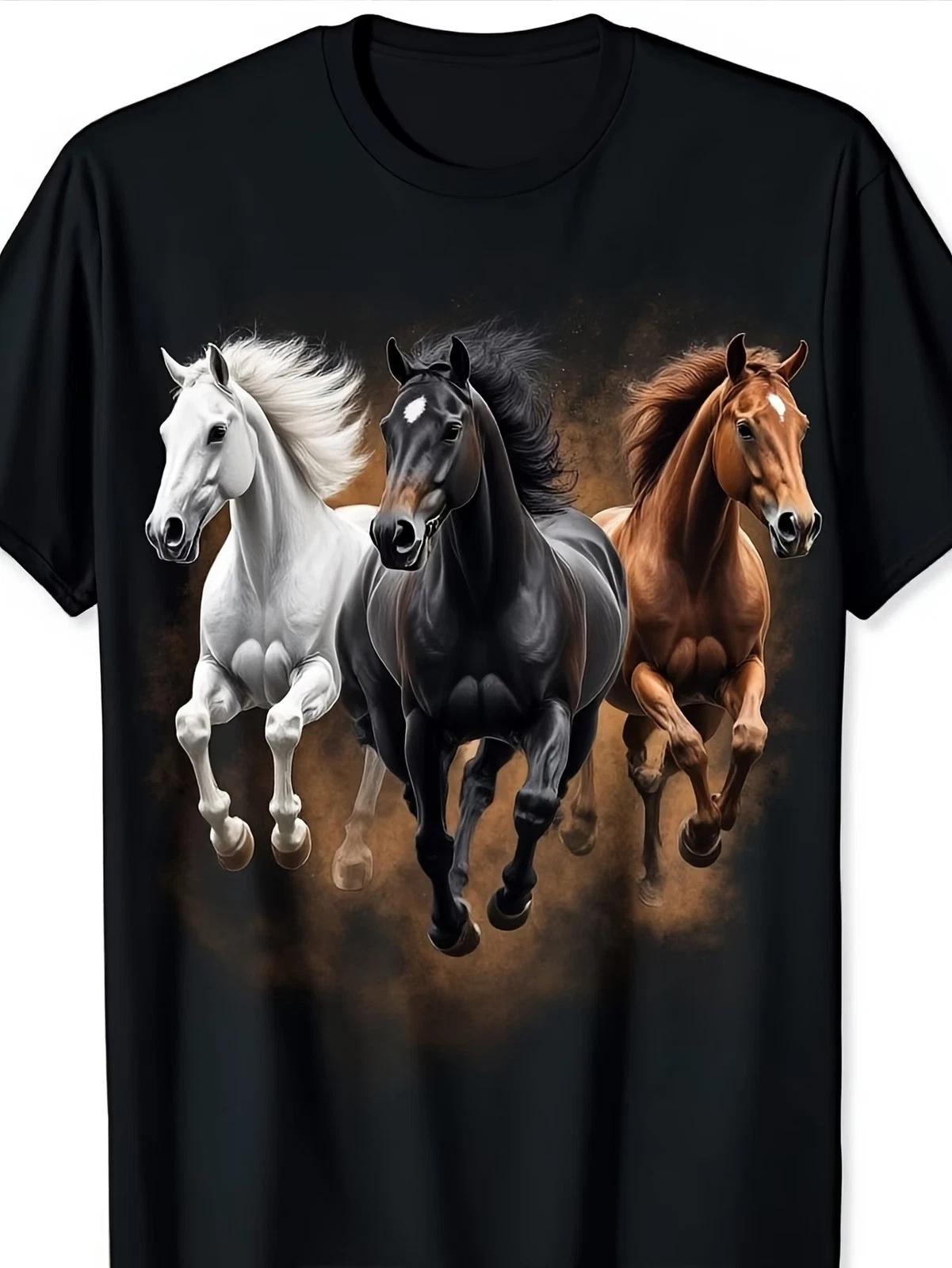 A Casual T-Shirt Featuring Three Galloping Horses, Ideal for Outdoor Events And XXXL