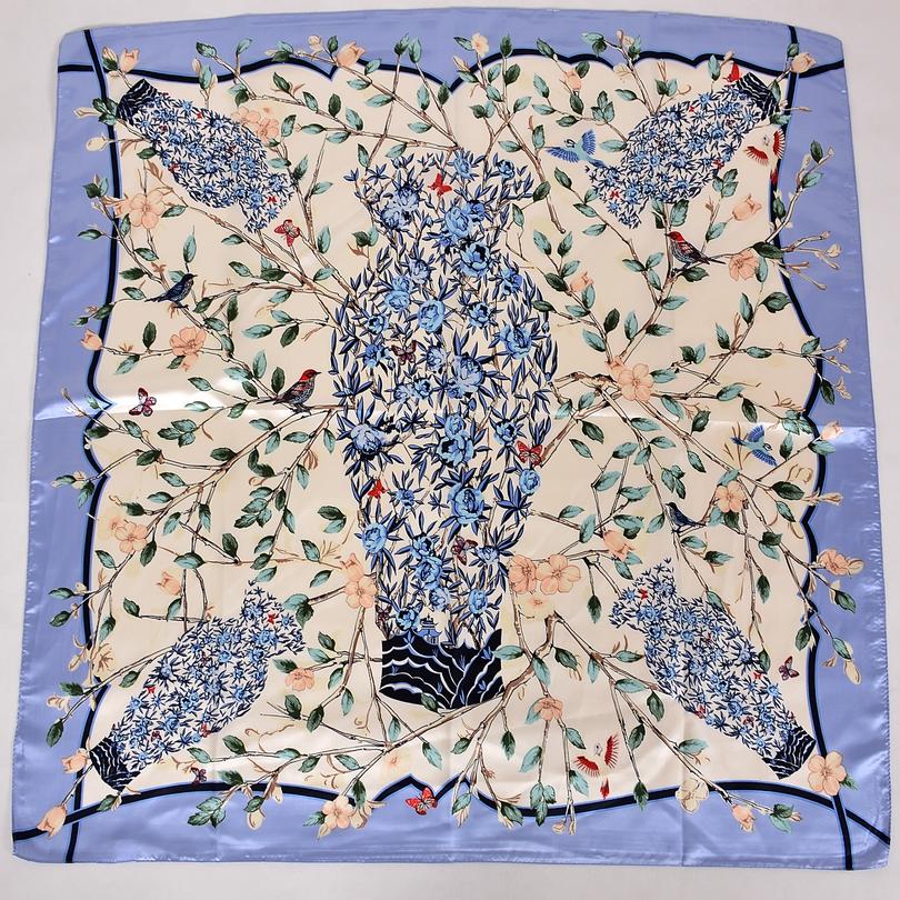 [BYSIFA] Chinese Style Women Silk Scarf Ne Roses Vase Pattern Blue Satin Large Square Scarves Wraps Elegant Muslim Headscarves