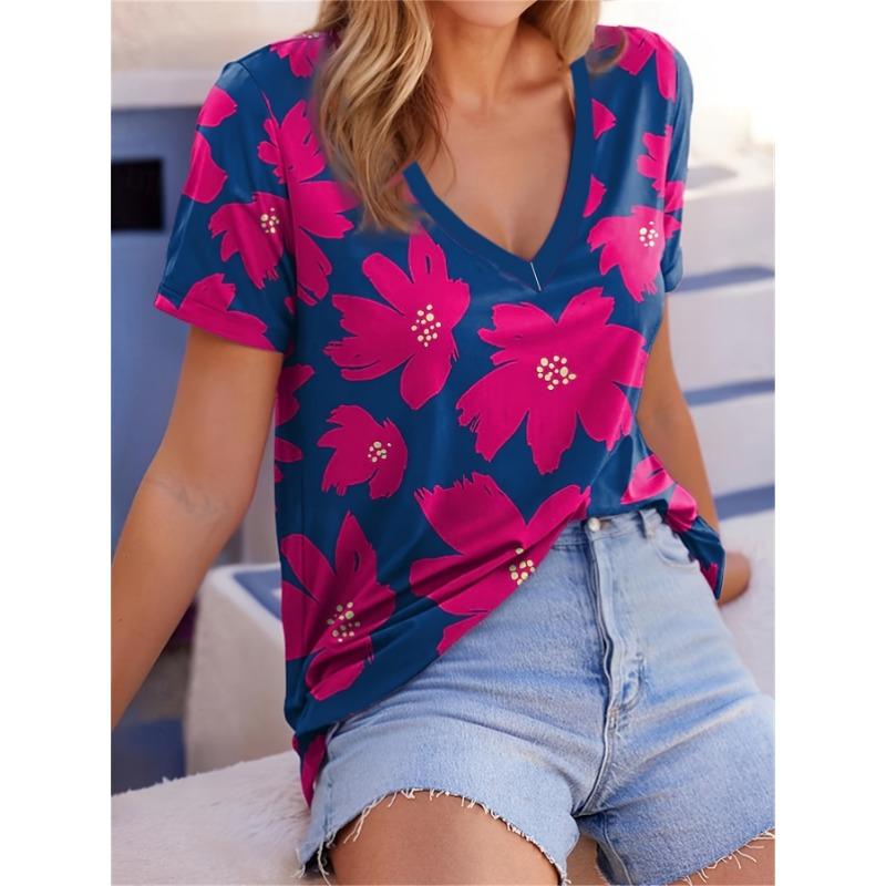 Women s T-shirt Printed Beach Holiday Casual V Neck Short Sleeve Fashion Summer S