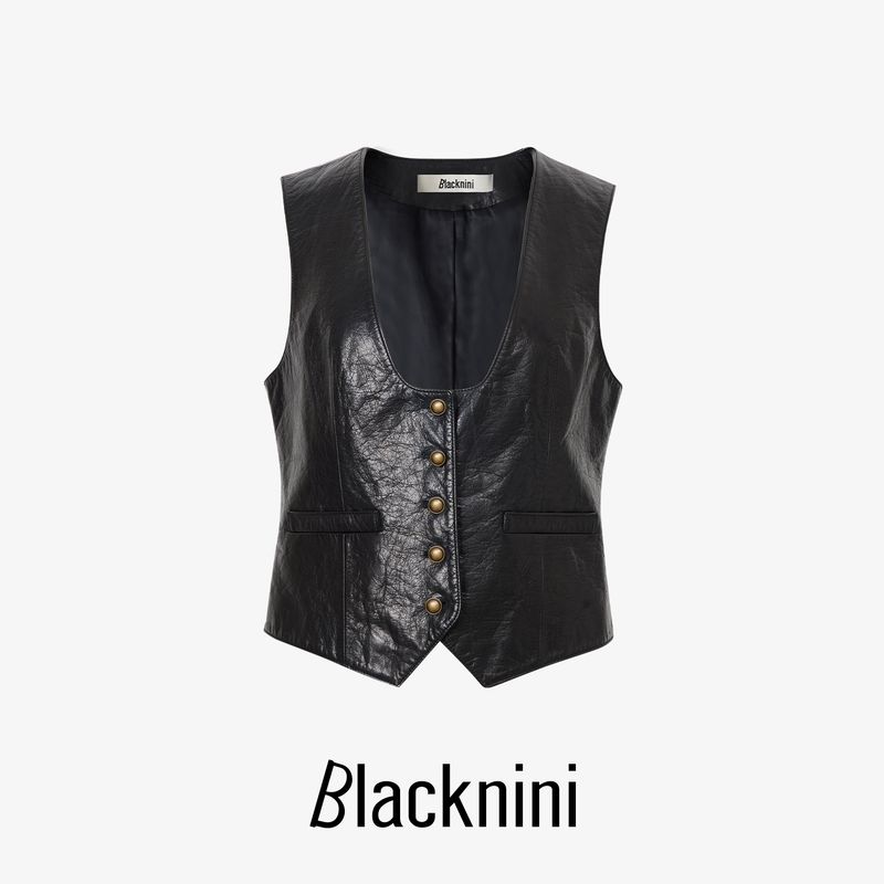 

Blacknini Yin Huafu Gao Ding Cowhide C * Line Style Folding Fashionable U Collar Vest Coat Black L