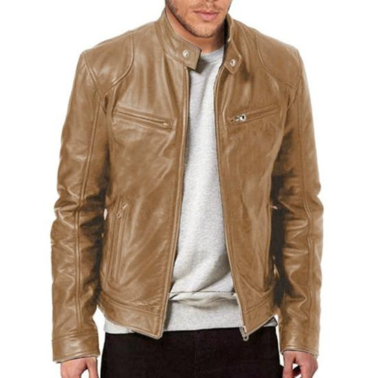 Men Motorcycle Coat Faux Leather Windproof Stand Collar Solid Color Zipper Pockets