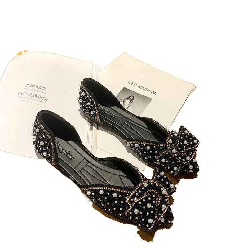 Pointed Single Shoes Women's Summer New Bow Ladyshoes Versatile Pearl Rhinestone Flat Bottom Shallow Beanie Shoes