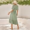 Women Spring Solid Color V-Neck Short Lotus Leaf Sleeve Dress Summer Casual A-Line High Waist Long Dresses S-XL