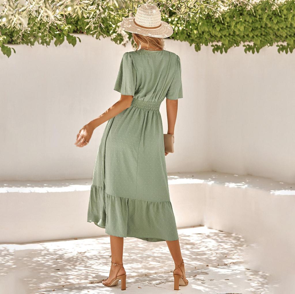 Women Spring Solid Color V-Neck Short Lotus Leaf Sleeve Dress Summer Casual A-Line High Waist Long Dresses S-XL