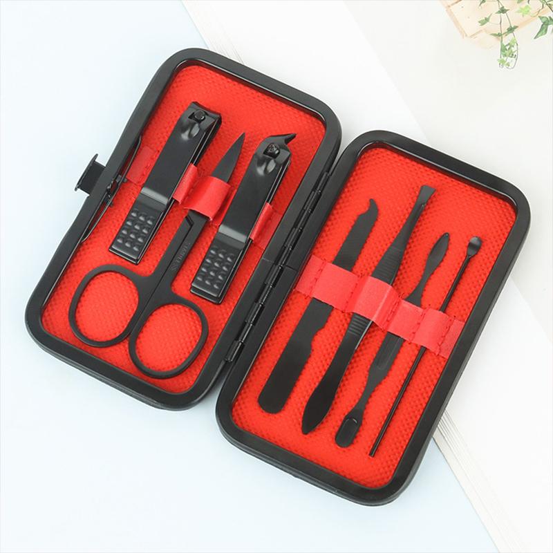 Schwarz Rot 7-teiliges Set Professionelles Maniküre-Set Kits Edelstahl Fingernagel Zehennagel Scheren Set mit Leder Tragbare Hülle