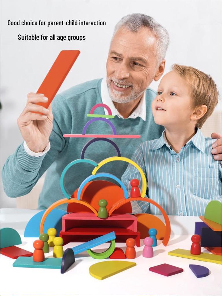 Colorful Wooden Rainbow Arch Bridge & People Stacking Blocks for Children's Early Education