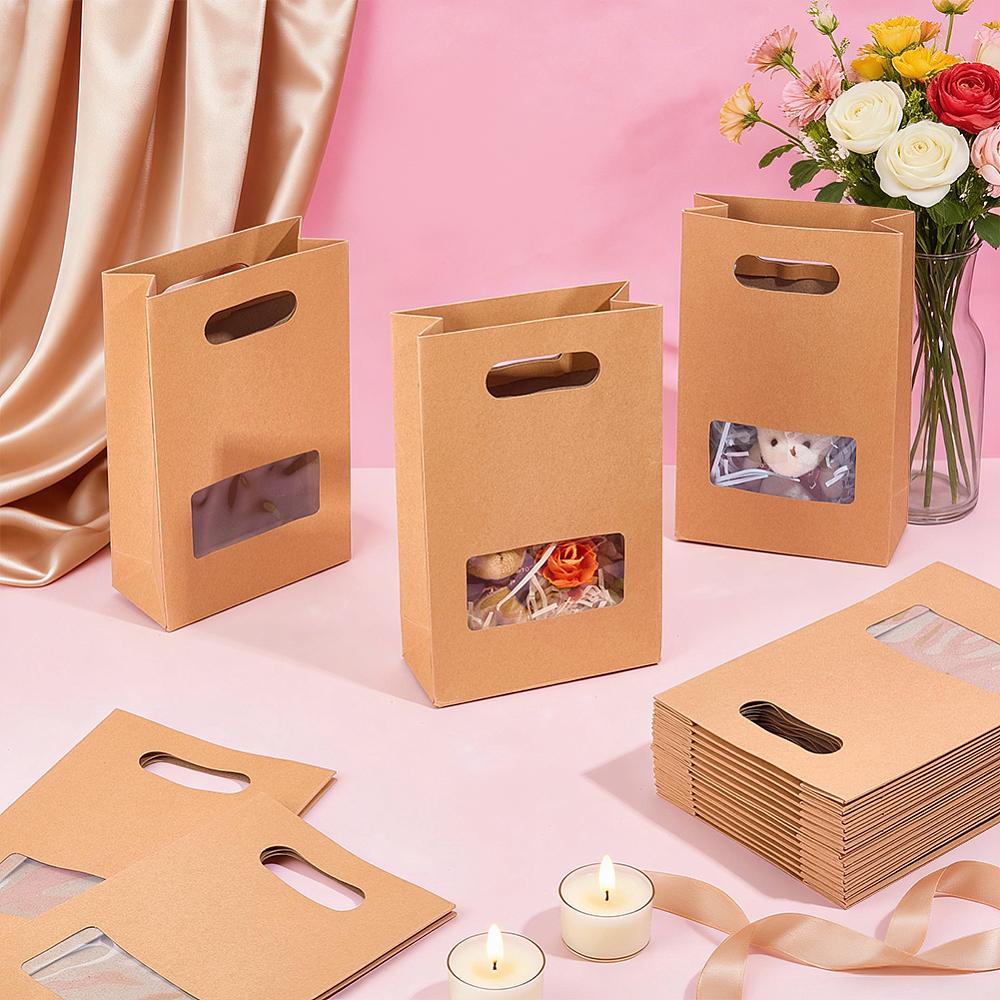 12pcs Kraft Paper Gift Bags with Visible Window and Die Cut Hole Handles Rectangle BurlyWood 14.8x6.8x23cm