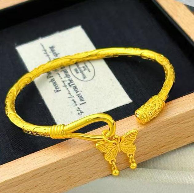 Gold Butterfly Bangle with Auspicious Inscription - Retro Chinese Style Open Bracelet