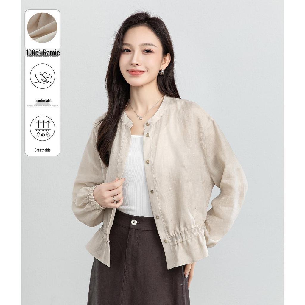 Xin Ge 2026 Summer Women's Linen Shirt: Loose Fit, Ruffled, Stand-Up Collar, Gentle Style.