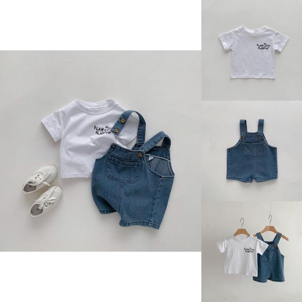 Stylish Baby Denim Suspender Short Set For Boys And Girls With Trendy White Short Sleeve T-shirt
