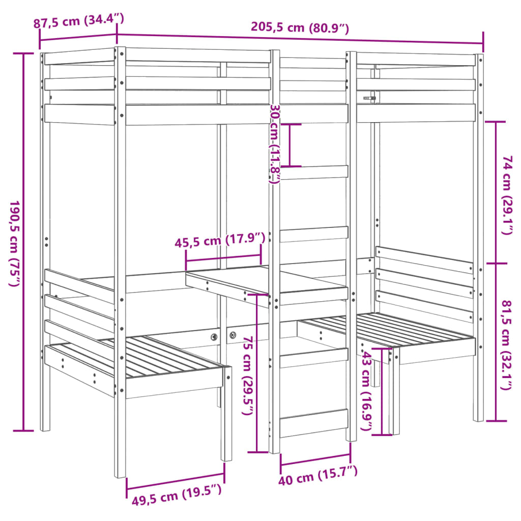 High Bed with Desk & Chairs White 80x200 cm Pine Wood
