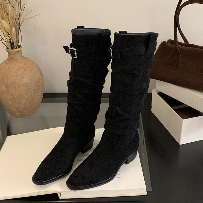 2025 New Pointed High-heeled Stacking Boots Long Boots Women's New Autumn and Winter Matte Suede Thin Long Tube Knight Boots