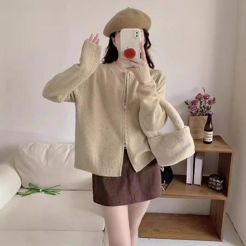 Double Zipper Autumn and Winter Knitted Cardigan Women's Lazy Soft Waxy Crew Neck Knitted Sweater New Long-sleeved Sweater Jacket Women