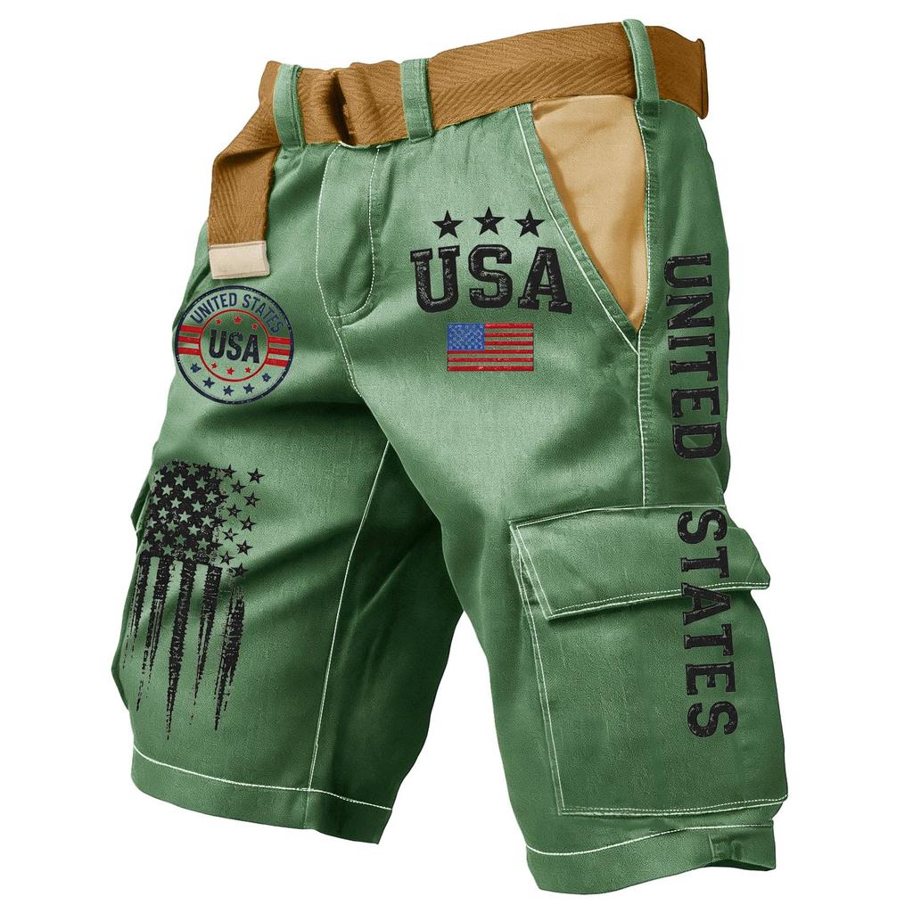 Pantaloncini Cargo Casual da Uomo Multi Tasche con Ricamo e Stampa Bandiera Tessuto Leggero Resistente Adatti per Attività all'Aperto