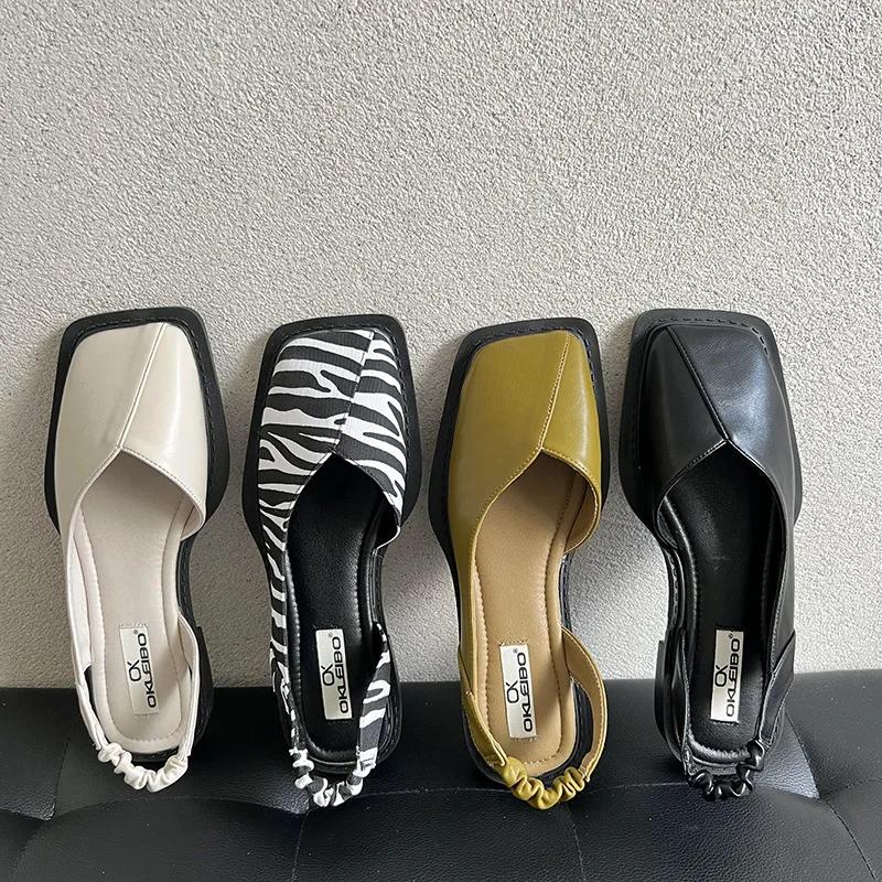 Fashion Baotou Summer Casual Ladies Sandals Fashion Ladies Elastic Band Flat Heel Women's Shallow Mouth Party Shoes Square Heel Sandals