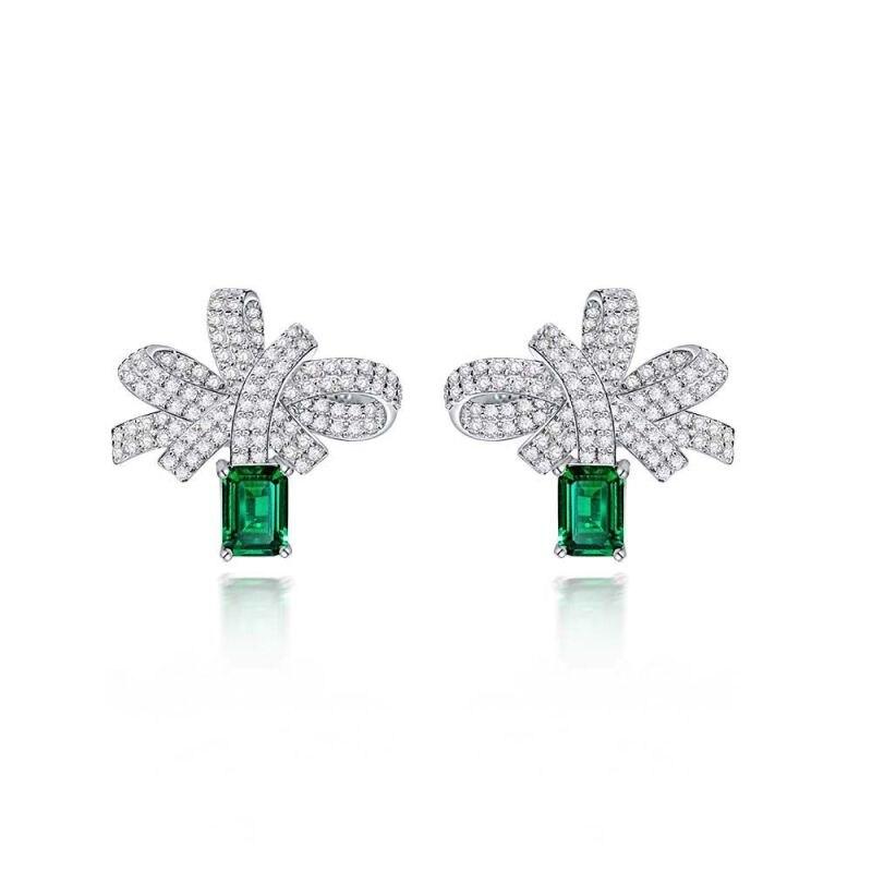 Luxury S925 Sterling Silver Diamond Stud Earrings For Women Wedding Ladies 5*7mm Emerald Earring Female 21*23mm Earring Jewelry