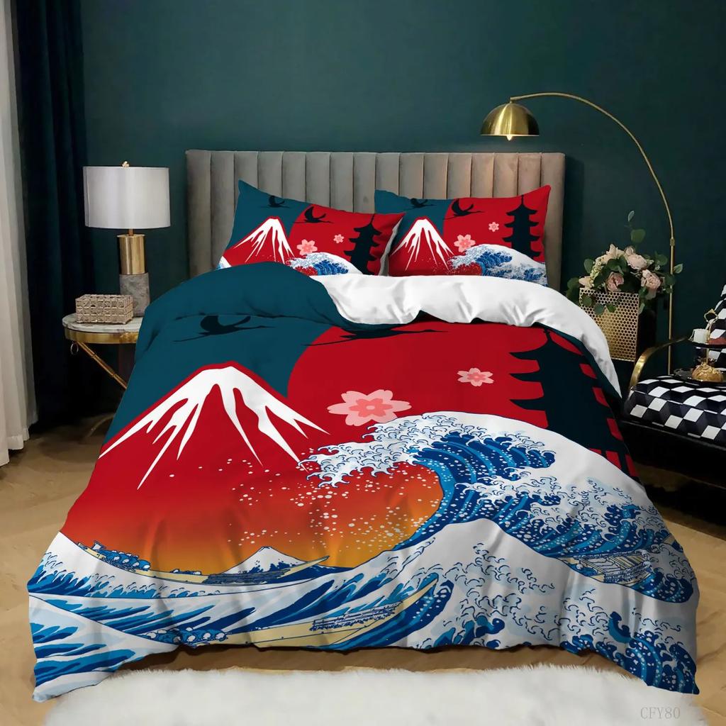Japanese Duvet Cover King Microfiber Sea Wave Cherry Blossoms Japan Culture Oriental Art Twin Bedding Set