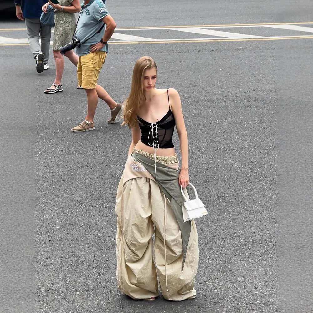 Women's American Street Grey Wide-Leg Scimitar Pants - Spring 2025 Sporty Casual Design