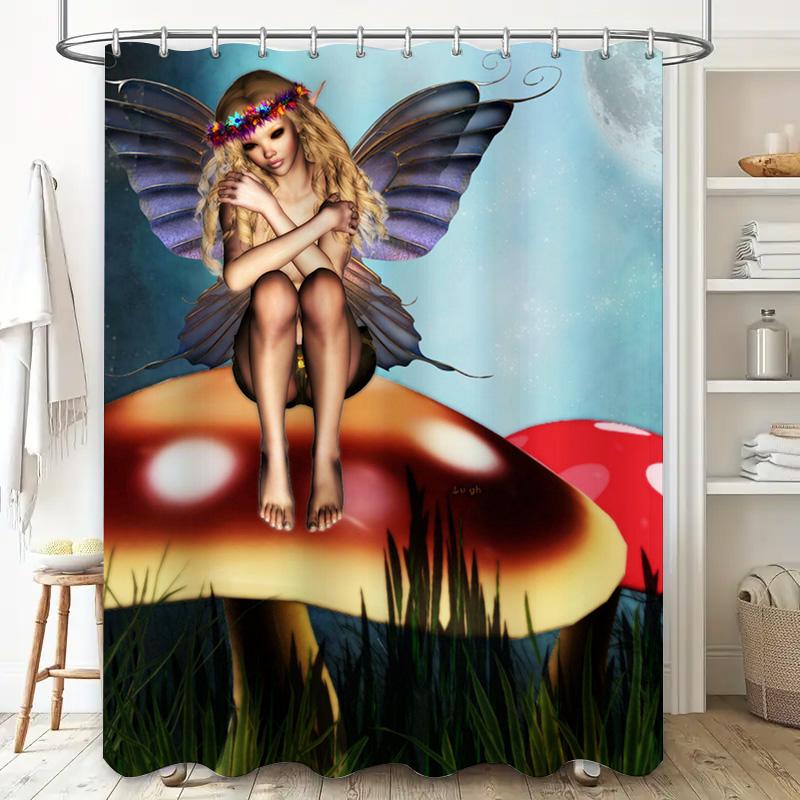 Whimsical Fairy Mushroom Decor Shower Curtain Dreamy Moonlit Forest Fantasy Art for Bathroom 3D Printed Customized Water-Resista