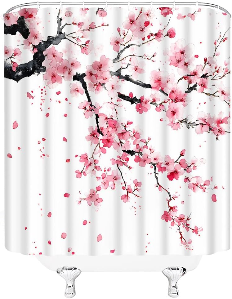 Rosa Kirschblüte Duschvorhang Pflaumenblüten Floral Japanisch Asiatisch Anime Weiß Aquarell Badezimmer Dekor Vorhänge