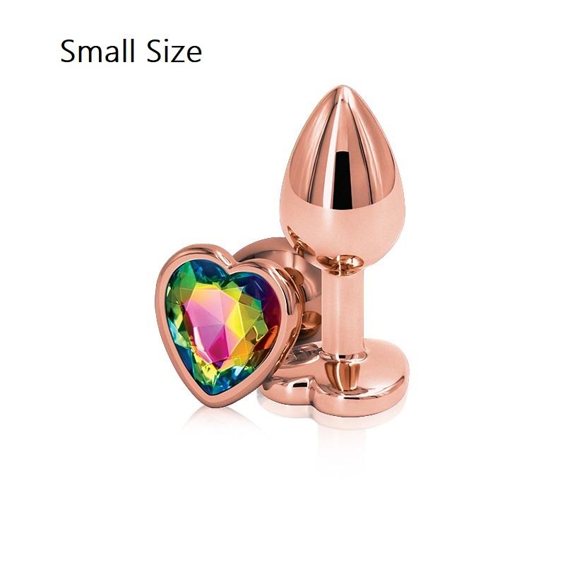 Rainbow Rose Gold Pink Small Medium Size Set Heart Shape Crystal Metal Anal Beads Butt Plug Jewelry Sex Toy for Female Male