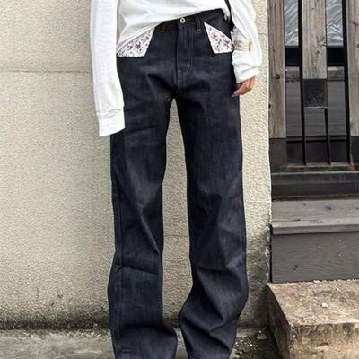 Jeans Retrò Americani a Vita Alta Gamba Dritta da Donna con Stampa Floreale Vestibilità Larga Pantaloni Lunghi con Orlo Rosso