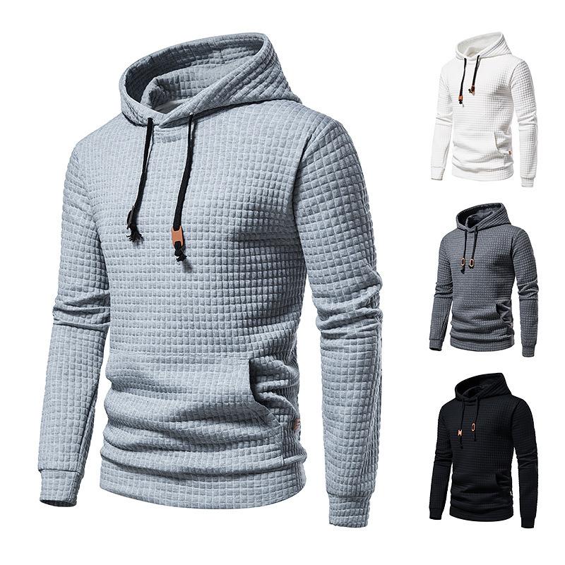 Men's Fashion Solid Color Casual Pullover Jacquard Sweat Men's Plaid Quilted Cotton Fabric Hooded Sweat