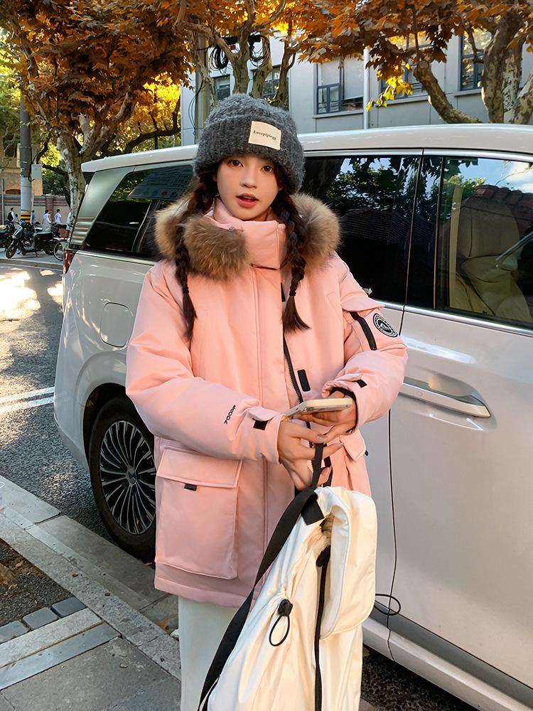 2025 Women's Winter Down Coat with Big Fur Collar - American Style Thickened Cotton-Padded Parka for Couples