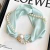 Elegant Satin Neck Scarf for Women with 2 in 1 Pearl Chain Necklace Buckle Lightweight Soft Shawl Gift for Party Office Wear