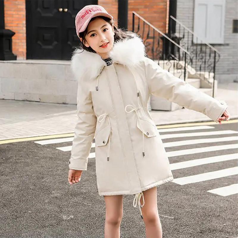 Winter Teen Girls Jacket Velvet Warm Kids Windbreaker Coat for Girls Fur Collar Hooded Parkas Children Outerwear