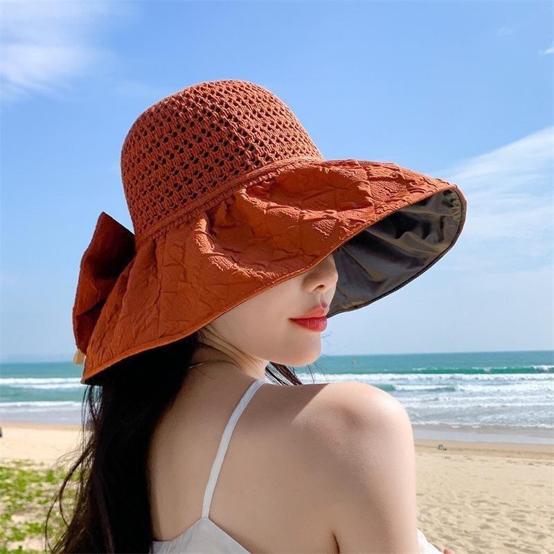 New Vinyl Bow Sun Hat Women's Hollow Straw Hat UV Protection Big Eaves Face Protection Sun Protection Hat Bucket Hat