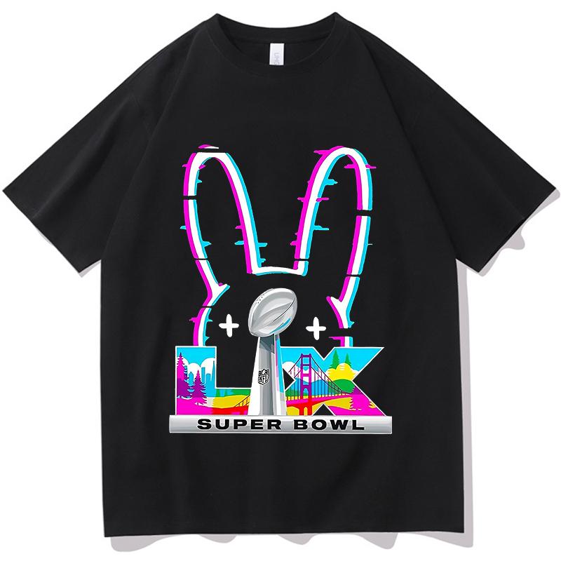 Bad Bunny Super Bowl Graphic Tshirt Cotton Short Sleeve Loose Male Tshirts Streetwear Unisex Hip Hop Fashion Summer Men Shirts