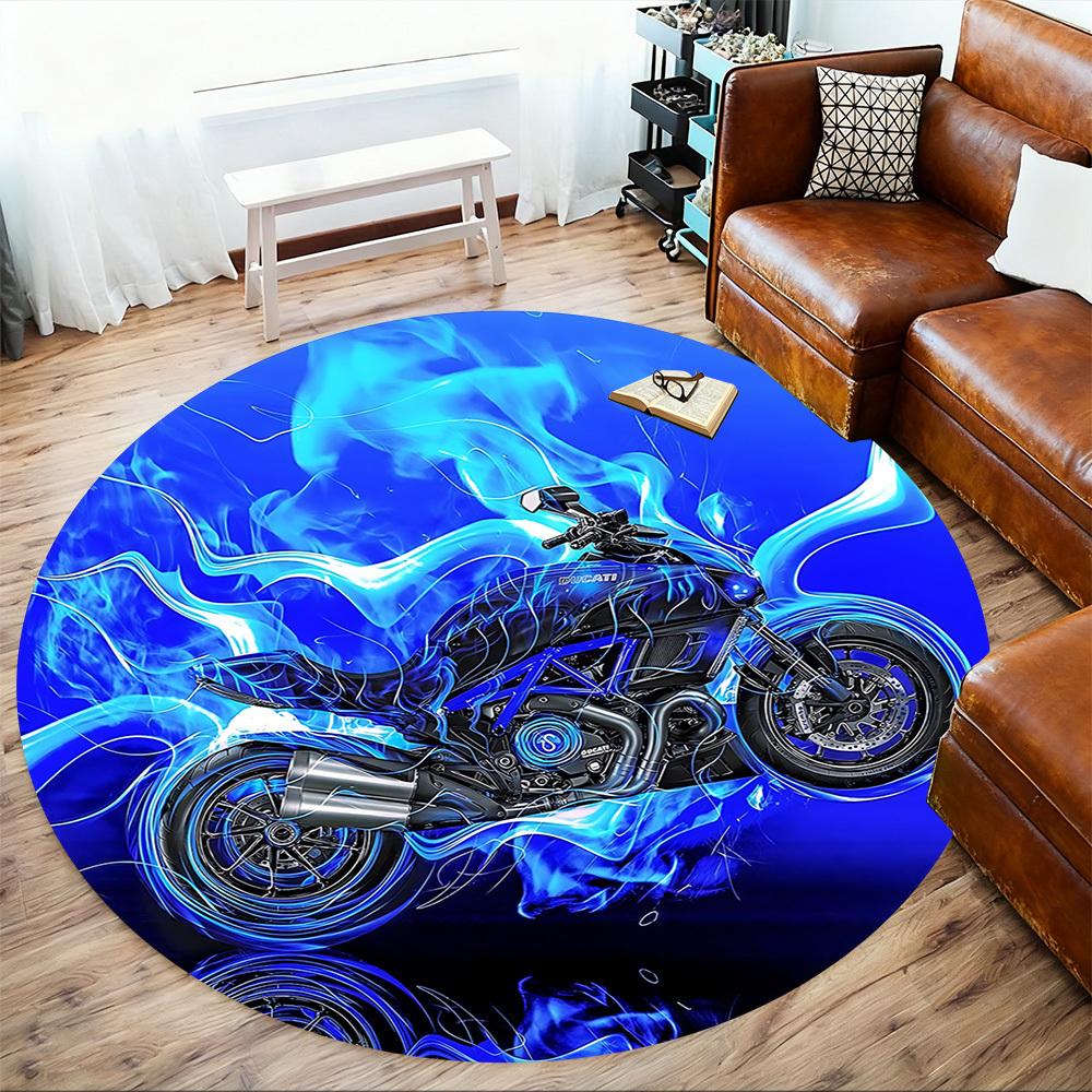 1pc motorcycle blue flames Round Chair mat Area Rug - Non-Slip, Floor Mat for Office, Bedroom, and Indoor Decor c1125270