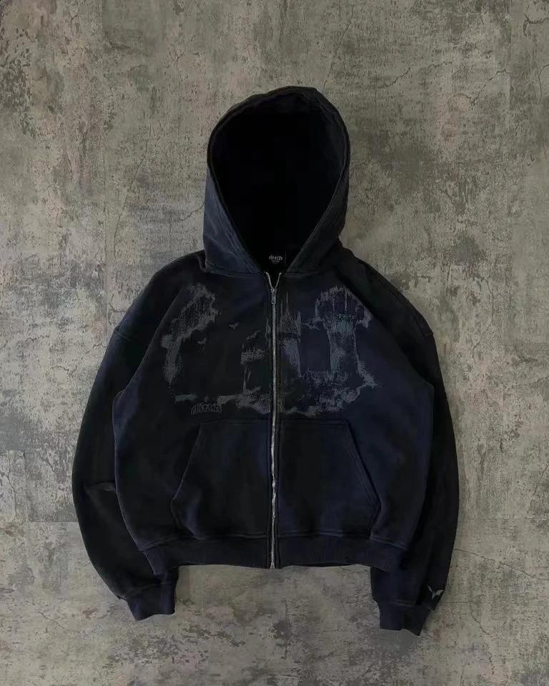 Harajuku Y2K Spring and Autumn Hooded Sports Cardigan Zipper Graffiti Print Long Sleeve Hoodie Jacket Plus Size
