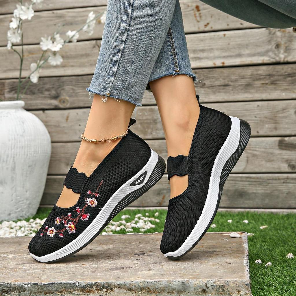 Lässige Damen-Loafer mit Stickerei, atmungsaktive Walking-Sneakers, weiche Slipper-Flats, bequeme Damenschuhe
