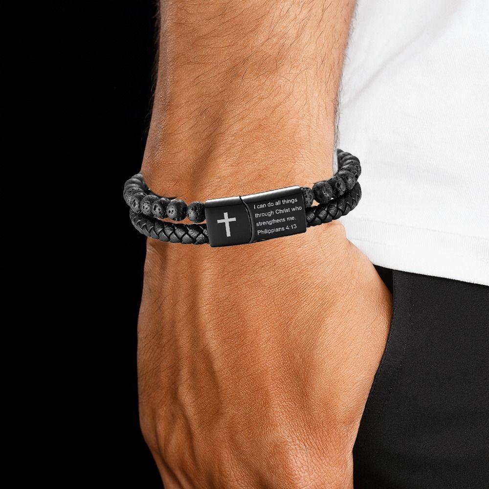 Charm Leather Double-Row Braided Bracelet Magnetic Bible Verse Lava Rock Bead Bracelet Black Christian Bracelet Chain Gift