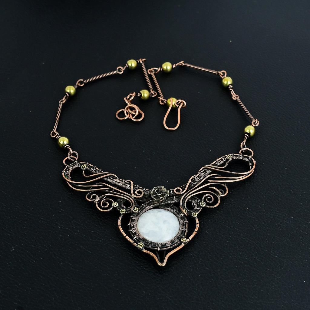 Rainbow Moonstone Necklace Gemstone Jewelry, 999 Copper Wire Wrapped Necklace, Adjustable Handmade Beautiful Jewelry Chain Necklace