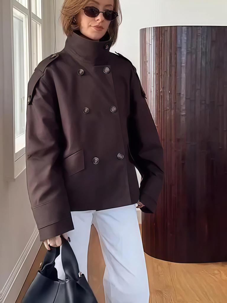 2025 European & American Style Double-Breasted Short Trench Coat with Stand Collar